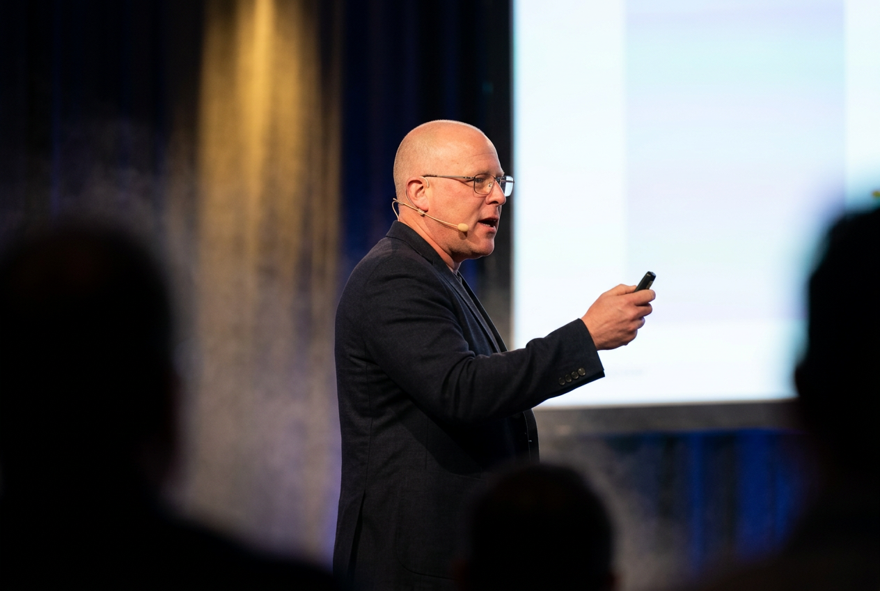 Trevor Dale mid-sentence on stage, advancing a slide with a presentation remote