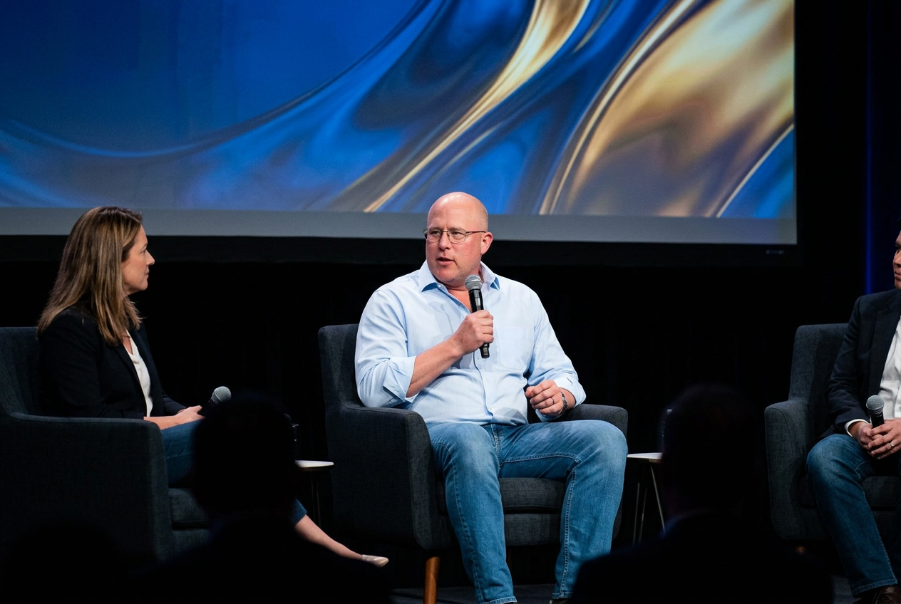 Trevor Dale speaking into a handheld microphone during a conference panel discussion