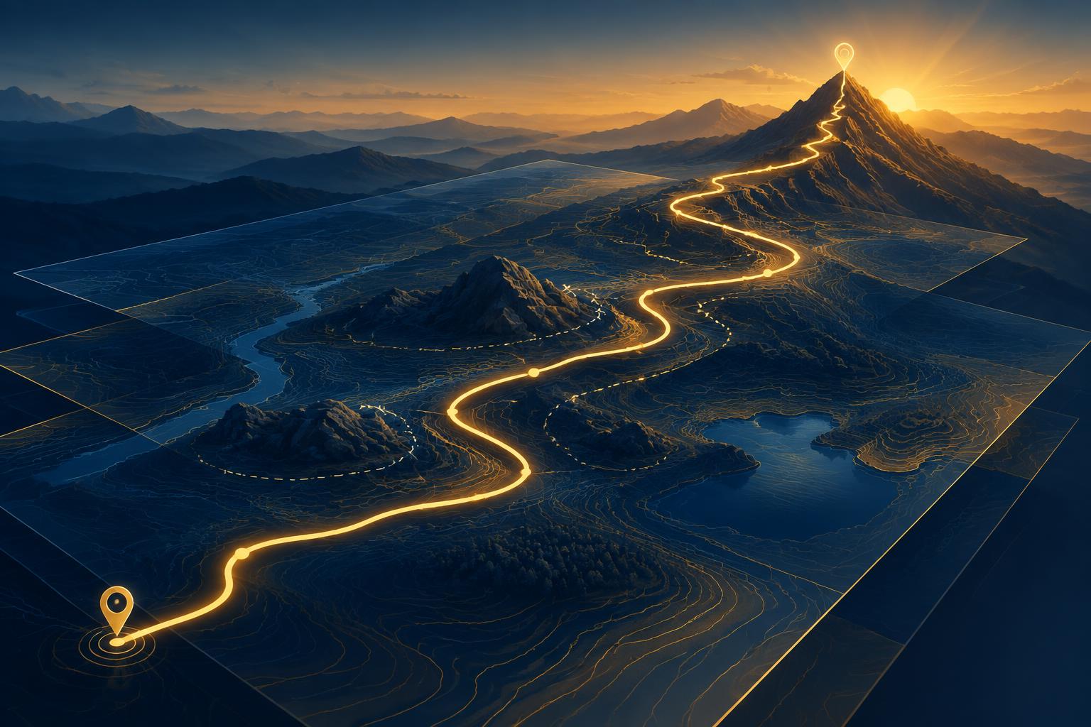 A glowing gold route winding across layered navy topographic maps toward a mountain summit at sunrise, with dashed detour lines rerouting around obstacles.