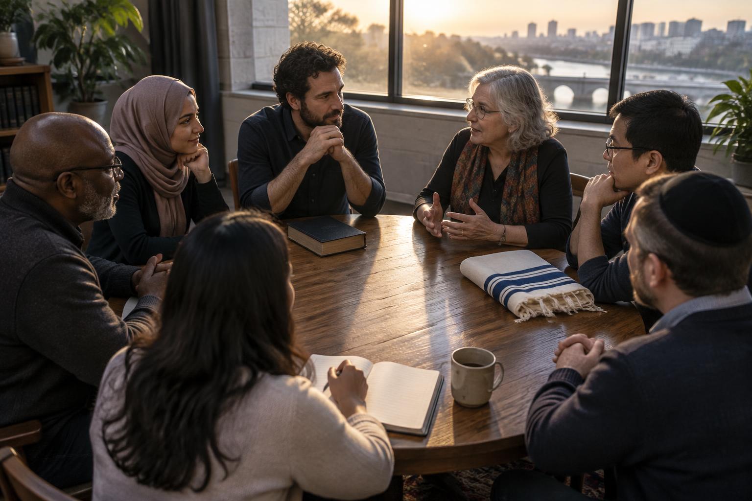 People of different backgrounds listening to one another around a shared table in warm morning light.