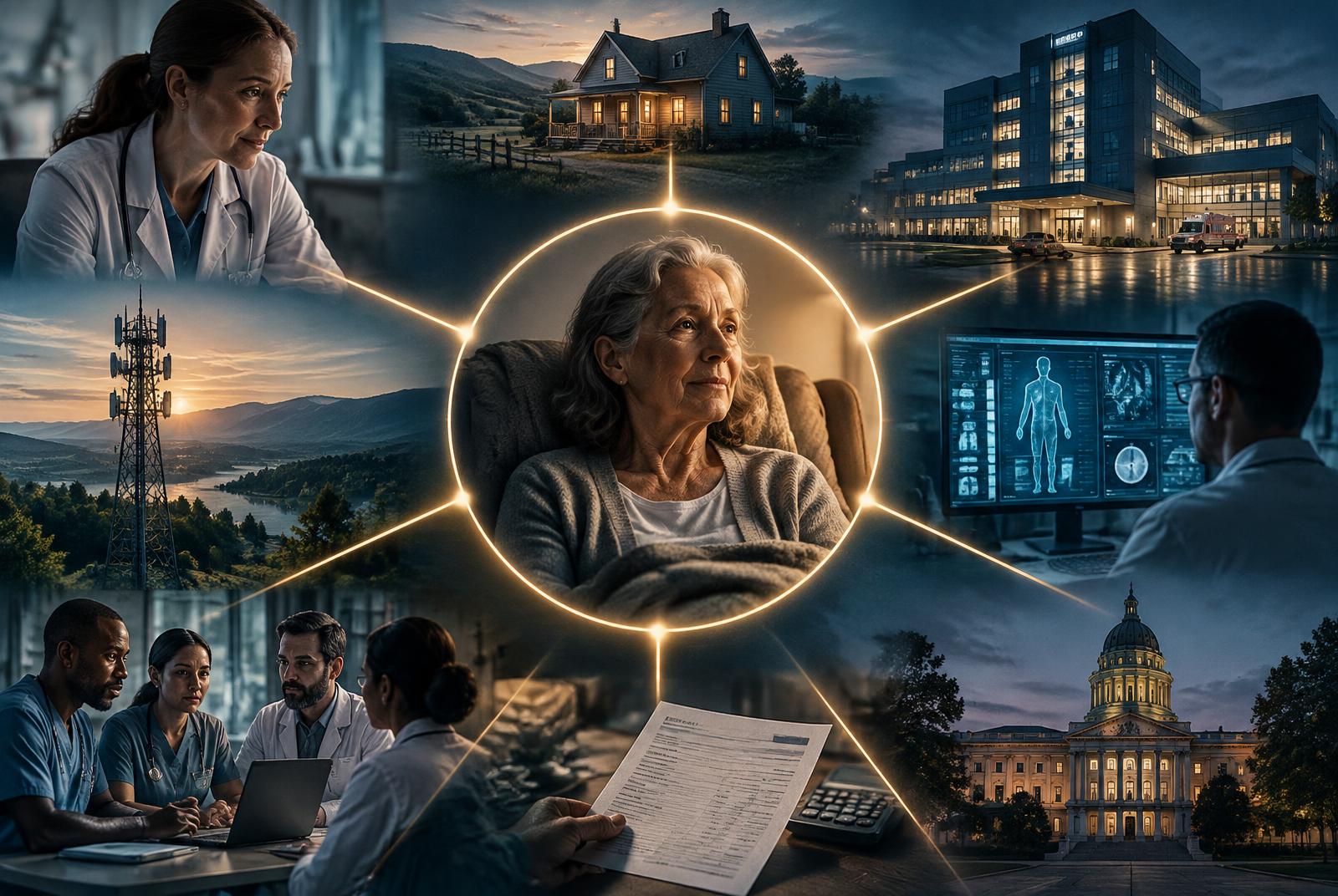 A patient at the center of an interconnected healthcare system linking clinicians, a rural home, broadband infrastructure, health data, payment, and government.