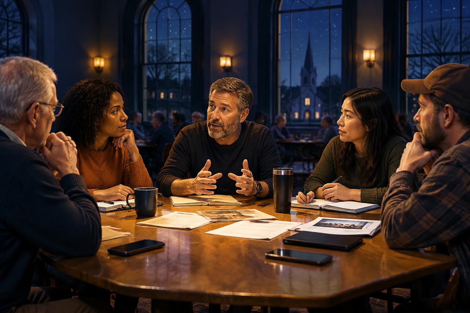 A diverse group of citizens listening to one another around a community meeting table, illuminated by warm light in a dark civic hall.