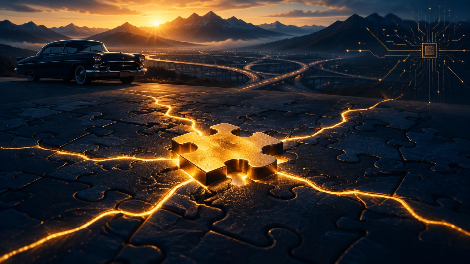 A gold puzzle piece clicking into place on a navy surface as new glowing cracks branch outward into smaller interlocking pieces.