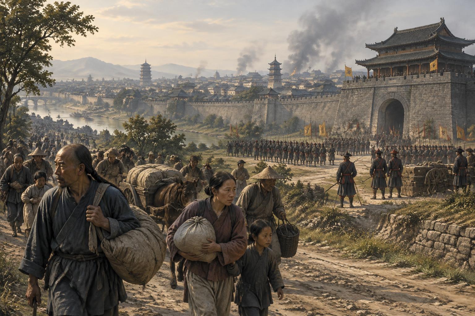 AI-generated historical illustration of civilians leaving a walled nineteenth-century Chinese city, with period soldiers and smoke in the distance.